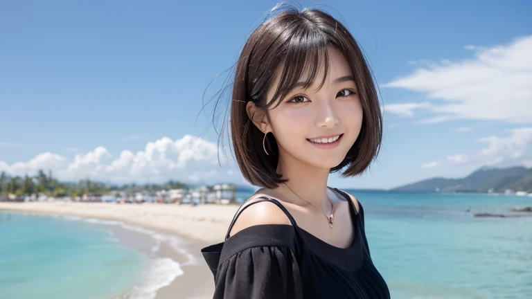 Produce the highest quality and highest resolution 8K images。The model is a 20-year-old Japanese woman.。She has brown eyes and a model figure.、She has an idol-level cute face.。Her hair is bob。Skin has a healthy color。Clothes、６Dressed for the month。She is smiling and posing for the camera。The background is the beach。