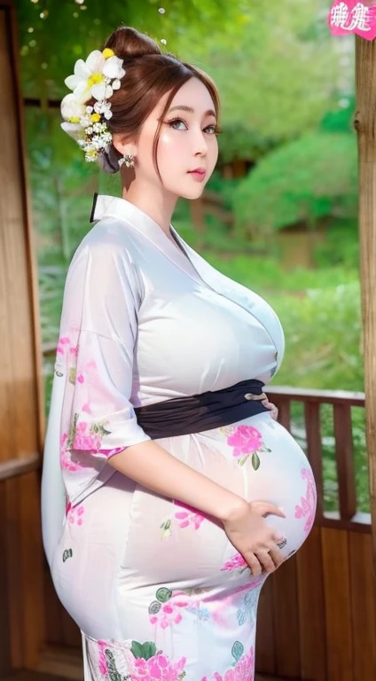 Female((30year old)), hair(( brown)), eyes((smart eyes, hazel)), clothes((kimono, white)), hair bun, earrings, gigantic, ((huge pregnant)) , bouquet, white long gloves, japanese house, lantern, Japanese ornament room,
