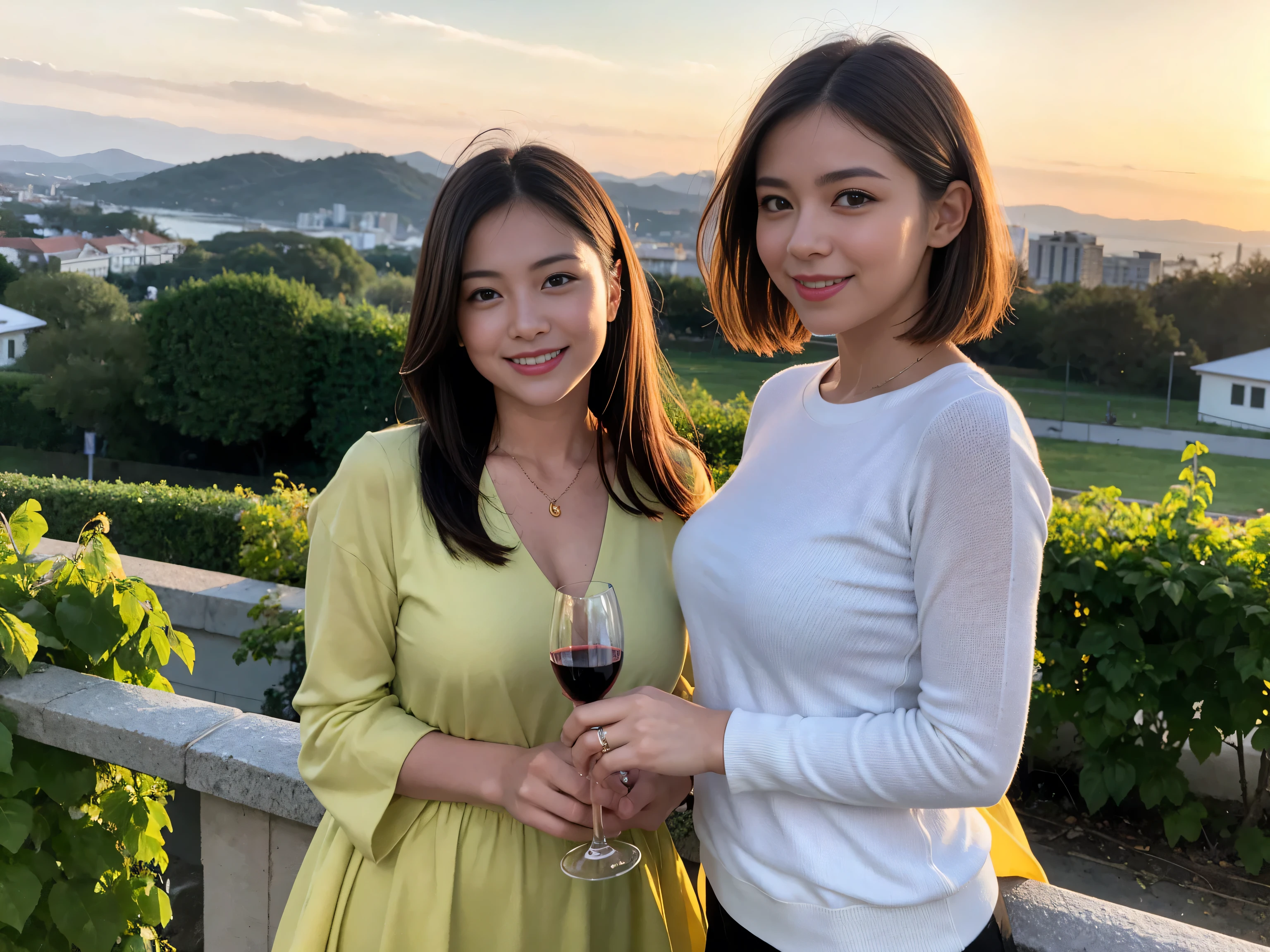 ((highest quality、8k、masterpiece:1.3))、1 male、1 female、Satomi Ishihara-like beautiful couple、Spouse、Couple、The body is slim、((Bob Hale、Straight hair:1.2)), (Realistic, Intricate details:1.2), Wine glass on the table、Put the light on your face、 Amazing view of the sunset sky and clouds、Amazing mountain views、A bright smile、The wonderfulness of smile、Bright image、The beauty of wine, Beautiful Face, blue eyes, The light shines on your face, Blushing, short hair,Bright Face、 (Age 37), 39 years old, red wine 、Appetizers、Italian food、Wine bottle、Champagne、sparkling wine、Two beauties、Brown Hair、Shortcuts、Long sleeve shirt、dress、Pretty Woman 1, (Slim face), (The body is slim), (Brown Hair), (Shortcuts), cheeks turn a little red,Attractive beauty、restaurant, In a prominent place (From the waist up) Nova Frog Style, actress, model, Upper Body, White wine, slim, wine glass, A wine glass placed in the center, smile, (smile: 1.15), Beautiful fine grain, Depth f/2,saturation, High Contrast, Strong light and shadow,Moist Body:1.5、3D texture、Delicate eyes、Brown Hair、The hair is very shiny、