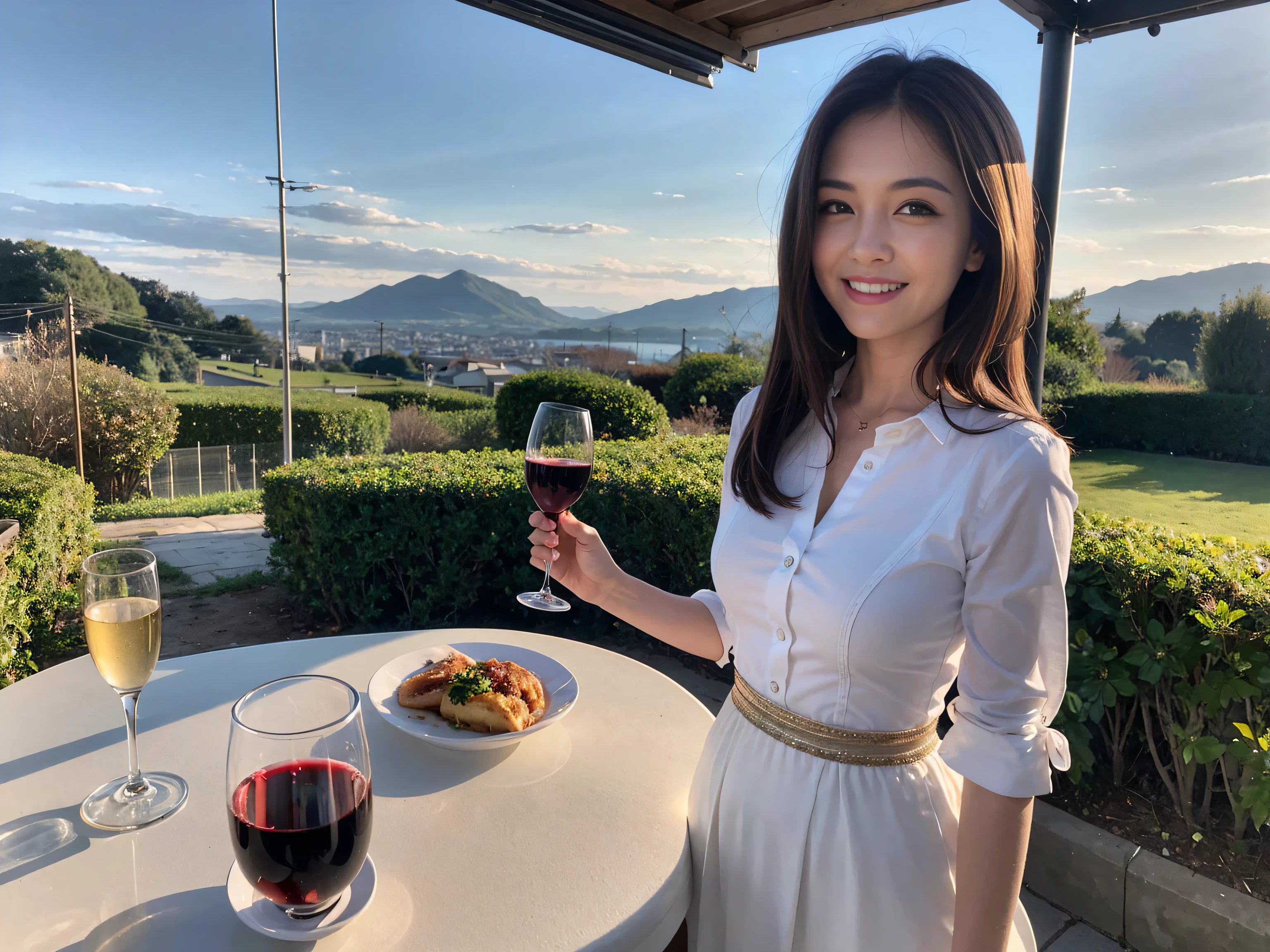 ((highest quality、8k、masterpiece:1.3))、1 male、1 female、Satomi Ishihara-like beautiful couple、Spouse、Couple、The body is slim、((Bob Hale、Straight hair:1.2)), (Realistic, Intricate details:1.2), Wine glass on the table、Put the light on your face、 Amazing view of the sunset sky and clouds、Amazing mountain views、A bright smile、The wonderfulness of smile、Bright image、The beauty of wine, Beautiful Face, blue eyes, The light shines on your face, Blushing, short hair,Bright Face、 (Age 37), 39 years old, red wine 、Appetizers、Italian food、Wine bottle、Champagne、sparkling wine、Two beauties、Brown Hair、Shortcuts、Long sleeve shirt、dress、Pretty Woman 1, (Slim face), (The body is slim), (Brown Hair), (Shortcuts), cheeks turn a little red,Attractive beauty、restaurant, In a prominent place (From the waist up) Nova Frog Style, actress, model, Upper Body, White wine, slim, wine glass, A wine glass placed in the center, smile, (smile: 1.15), Beautiful fine grain, Depth f/2,saturation, High Contrast, Strong light and shadow,Moist Body:1.5、3D texture、Delicate eyes、Brown Hair、The hair is very shiny、