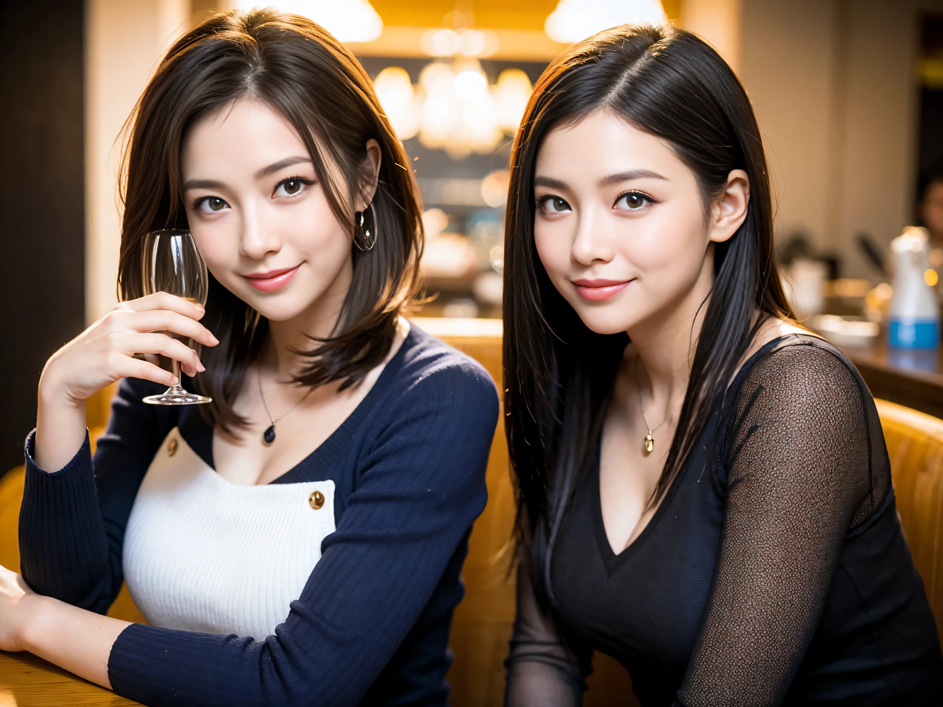 ((highest quality、8k、masterpiece:1.3))、1 male、1 female、Satomi Ishihara-like beautiful couple、Spouse、Couple、The body is slim、((Bob Hale、Straight hair:1.2)), (Realistic, Intricate details:1.2), Wine glass on the table、Put the light on your face、 Amazing view of the sunset sky and clouds、Amazing mountain views、A bright smile、The wonderfulness of smile、Bright image、The beauty of wine, Beautiful Face, blue eyes, The light shines on your face, Blushing, short hair,Bright Face、 (Age 37), 39 years old, red wine 、Appetizers、Italian food、Wine bottle、Champagne、sparkling wine、Two beauties、Brown Hair、Shortcuts、Long sleeve shirt、dress、Pretty Woman 1, (Slim face), (The body is slim), (Brown Hair), (Shortcuts), cheeks turn a little red,Attractive beauty、restaurant, In a prominent place (From the waist up) Nova Frog Style, actress, model, Upper Body, White wine, slim, wine glass, A wine glass placed in the center, smile, (smile: 1.15), Beautiful fine grain, Depth f/2,saturation, High Contrast, Strong light and shadow,Moist Body:1.5、3D texture、Delicate eyes、Brown Hair、The hair is very shiny、