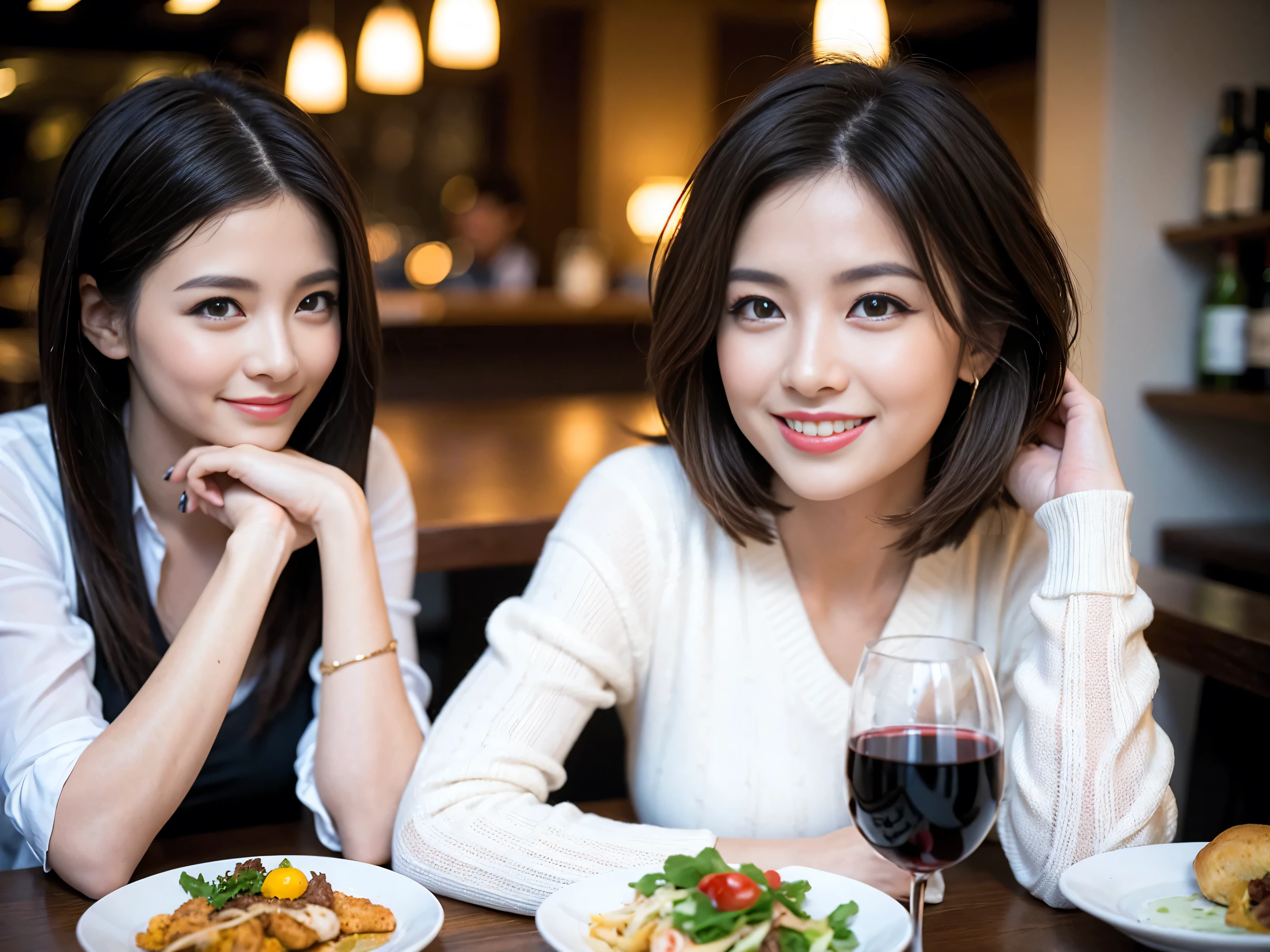 ((highest quality、8k、masterpiece:1.3))、1 male、1 female、Satomi Ishihara-like beautiful couple、Spouse、Couple、The body is slim、((Bob Hale、Straight hair:1.2)), (Realistic, Intricate details:1.2), Wine glass on the table、Put the light on your face、 Amazing view of the sunset sky and clouds、Amazing mountain views、A bright smile、The wonderfulness of smile、Bright image、The beauty of wine, Beautiful Face, blue eyes, The light shines on your face, Blushing, short hair,Bright Face、 (Age 37), 39 years old, red wine 、Appetizers、Italian food、Wine bottle、Champagne、sparkling wine、Two beauties、Brown Hair、Shortcuts、Long sleeve shirt、dress、Pretty Woman 1, (Slim face), (The body is slim), (Brown Hair), (Shortcuts), cheeks turn a little red,Attractive beauty、restaurant, In a prominent place (From the waist up) Nova Frog Style, actress, model, Upper Body, White wine, slim, wine glass, A wine glass placed in the center, smile, (smile: 1.15), Beautiful fine grain, Depth f/2,saturation, High Contrast, Strong light and shadow,Moist Body:1.5、3D texture、Delicate eyes、Brown Hair、The hair is very shiny、