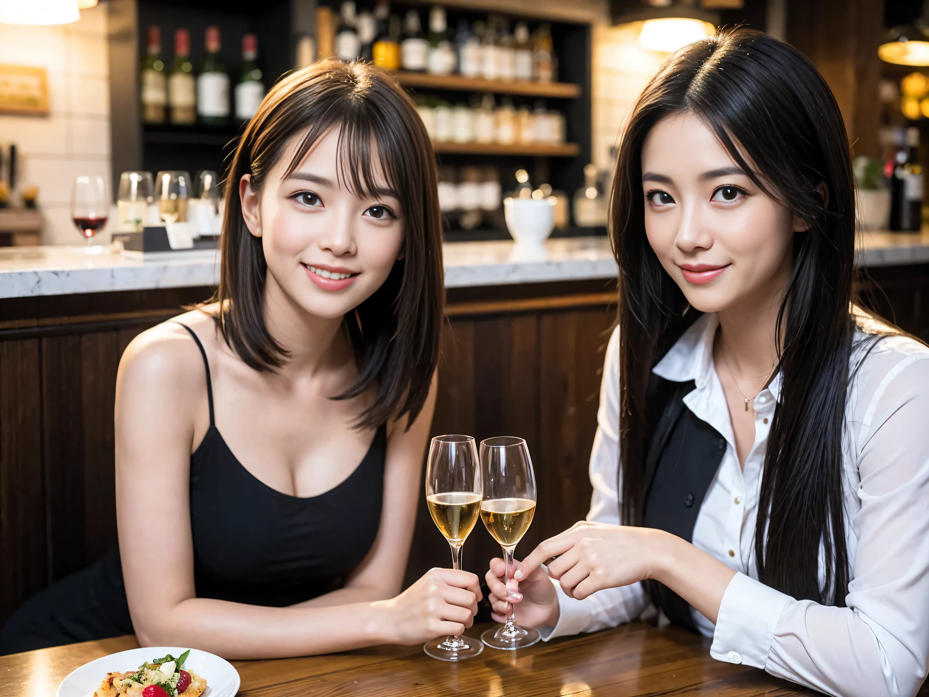 ((highest quality、8k、masterpiece:1.3))、1 male、1 female、Satomi Ishihara-like beautiful couple、Spouse、Couple、The body is slim、((Bob Hale、Straight hair:1.2)), (Realistic, Intricate details:1.2), Wine glass on the table、Put the light on your face、 Amazing view of the sunset sky and clouds、Amazing mountain views、A bright smile、The wonderfulness of smile、Bright image、The beauty of wine, Beautiful Face, blue eyes, The light shines on your face, Blushing, short hair,Bright Face、 (Age 37), 39 years old, red wine 、Appetizers、Italian food、Wine bottle、Champagne、sparkling wine、Two beauties、Brown Hair、Shortcuts、Long sleeve shirt、dress、Pretty Woman 1, (Slim face), (The body is slim), (Brown Hair), (Shortcuts), cheeks turn a little red,Attractive beauty、restaurant, In a prominent place (From the waist up) Nova Frog Style, actress, model, Upper Body, White wine, slim, wine glass, A wine glass placed in the center, smile, (smile: 1.15), Beautiful fine grain, Depth f/2,saturation, High Contrast, Strong light and shadow,Moist Body:1.5、3D texture、Delicate eyes、Brown Hair、The hair is very shiny、
