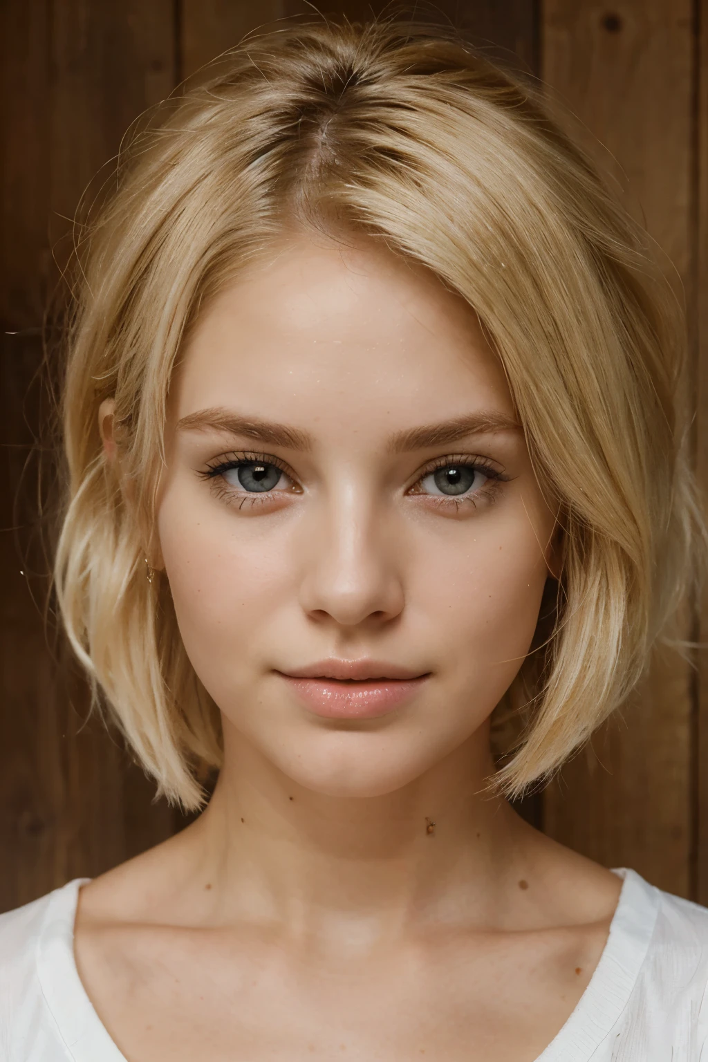 white Woman, beautiful Woman, Beautiful face, Tender face, bright skin, blond short tousled hair down to the chin, Angelic face, Woman,24 years old, 24 year old Woman