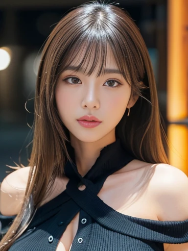 Product quality, 1 girl, (Cowboy Shot), Front view, Young and cute girl in Japan, At night, black off shoulder knit dress, Very cute face, Glossy lips, Double eyelids on both eyes, (Natural Makeup), shiny smooth light brown long hair,,, Asymmetrical bangs, Center image, 8K resolution, High detail, Detailed hairstyle, Detailed face, Cinema Lighting, Octane Rendering, Ultra-realistic, Perfect limbs, Perfect Anatomy, Showcasing cleavage、Big Breasts