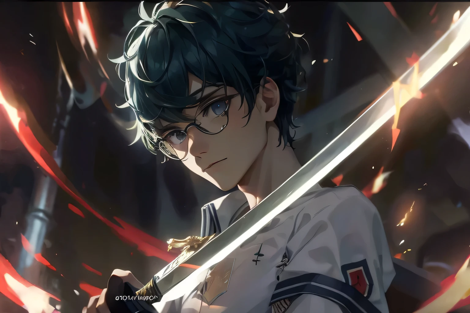 Young man holding a sword,The flames in front of me,The clothes are covered with strange patterns