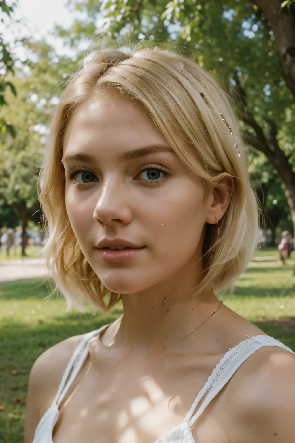 Punk Scottish blonde with very blonde and short chin length hair, in a white light dress, beautiful dark green eyes, face shape, Stunning view, Very detailed, instagram model, photo, in the summer park
