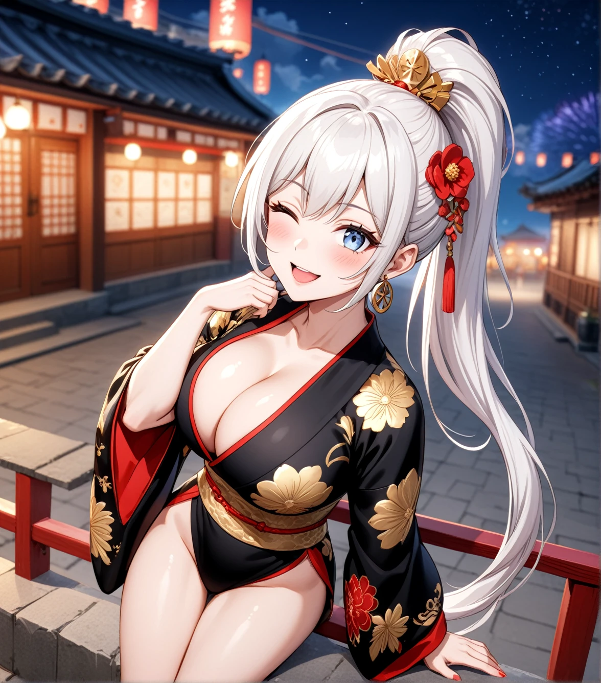 ((one personの女性)), Beautiful Face,Happy expression,Laugh embarrassedly,((Wink:2.0)),turn bright red,Glossy pink lips,French Nails,night,Shrine festival sexpensives,firework, ((Anime style background)),masterpiece, highest quality, so beautiful, Latest, Complex details, (Pink long nails),AI-generated, Complex,High resolution, highest quality, super high quality,3D Images、View your viewers、3D Images,one person,Long white hair,High Ponytail,blue eyes,Anime woman posing for a photo, [[Fine grain、Colorful eyes、Shining Eyes:1.15]],(Squint your eyes:1.1),a hyperRealistic , hyperRealistic , Realistic,Long haired white hair anime woman, Smooth anime CG art, A woman in a colorful kimono with gold embroidery, (Black kimono),Red floral pattern,Long flower hair ornament,Big earrings,(Big Breasts:1.4),Mature Body,expensive,Big Ass,Fine details,Tight waist,Abdominal muscles,Put your elbows on the railing,Photographed from diagonally above,peace sign