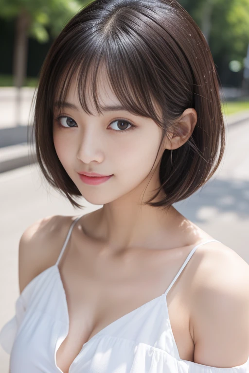 Healthy Body, masterpiece, highest quality, girl, Symmetrical face, Neckline detail, Tote shirt, Ulzzang, (Purelos Face_1 in:0.7), Wet Skin, blush (highest quality, 8k, 32k, masterpiece, Ultra-high resolution:1. 2), Cute Japanese Woman, One girl, (Slender women), (Abdominal muscles), (lips), Mouth closed, (Medium Hair), double eyelid, Wet Skin, Only one very beautiful woman, Very sexy body, Look straight into the camera, Golden ratio face, Golden ratio body, Look straight into the camera大きな胸, Part-time sexy expression, Hold your chest between your arms to create cleavage, Sexy smile, Very happy smile, Shiny skin, Big eyes, Pupil highlights, distinct double eyelid, eyelash, Long neck, Beautiful Short Hair, Shiny black hair, bangs, Pure white background, Sky Background, Crystal Clear White Off-Shoulder, Clothes that seem to be visible but invisible, Overwhelming charm、I can see her boobs