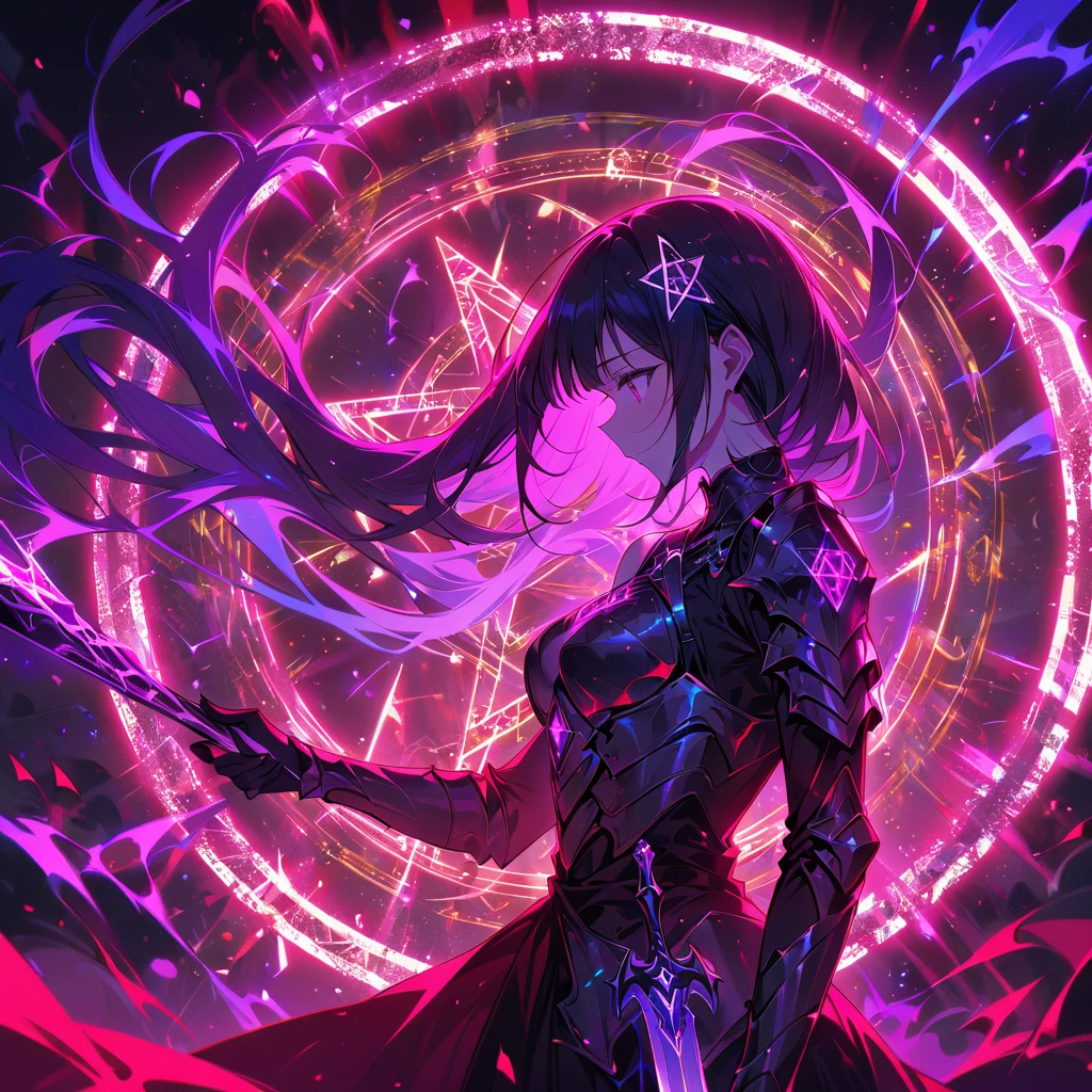 (best quality, masterpiece:1.2), ultra-detailed, a huge glowing sword, ancient glowing symbols on the blade, a girl wearing armor, Cuvry Pose,Dynamic Action,long flowing hair, silver armor, electric arc hexagram magic circle background, magical effects, detailed magic circle, detailed hexagram, intricate sword handle texture, thick breath mist, Surrealism, 4k, 8k, highres, best quality, highres, anatomically correct, textured skin,vivid color,red,white,blue,