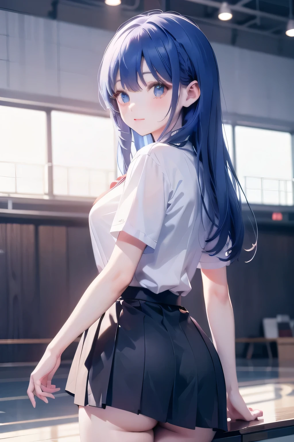 school gym. 1girl, anime style illustration, indoors, school gymnasium,big breasts, blue hair, black skirt, white shirt, black tie (cinematic lighting:1.2), masterpiece, best quality, absurdres, bending over, looking at camera, cute but mature face
