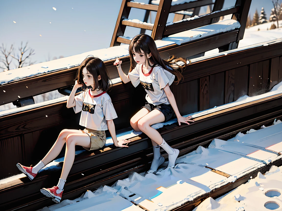 A 15-year-old girl picks up a 7-year-old girl，Hold，Snow，rail，fair，Long brown hair，Very thin，small thin legs，White top，shorts，Bare legs，The legs are very thin，energetic，whole body，White socks