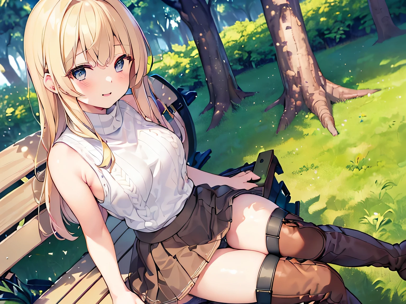 (Masterpiece, highest quality, high resolution, realistic photo, realistic looking skin:1.1),
(Woman sitting on park bench surrounded by trees:1.5), 
(The time is midnight: 1.8),
(We see her from a slightly elevated viewpoint in front of the camera, so we can see her panties: 1.5),
(She has a happy expression on her face, :1.5),
(She is wearing a pink sleeveless turtleneck knit: 1.5),
(She is wearing a pleated mini-skirt. 1.5),
(She is wearing brown middle boots: 1.5),
(Her panties are white:1.5),
(She has long blond hair: 1.5),
(Location: park bench surrounded by trees at midnight:1.5),
1 Japanese girl, solo, full bodied esbian, beautiful eyes, shining eyes, shining thighs, NSFW