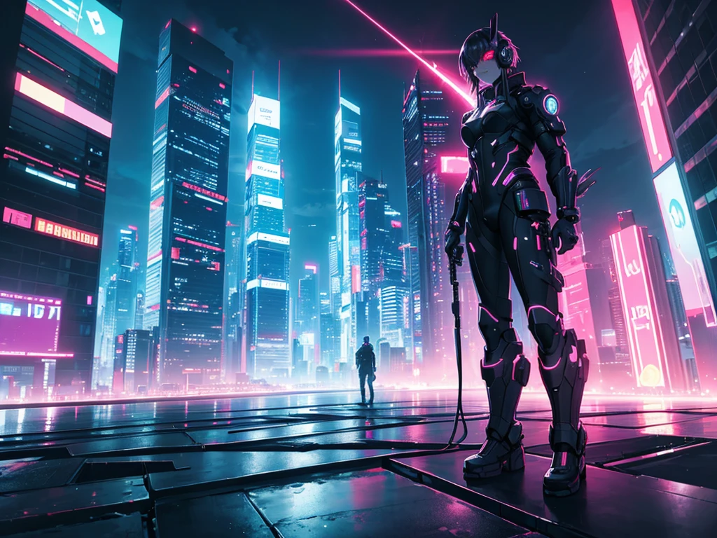 Neon lights shining into the future, Skyscrapers standing tall, Hovering vehicles floating by, Anime style with a cyberpunk touch, Night scene lens, High contrast lighting, Ultra-high definition quality, 4K resolution