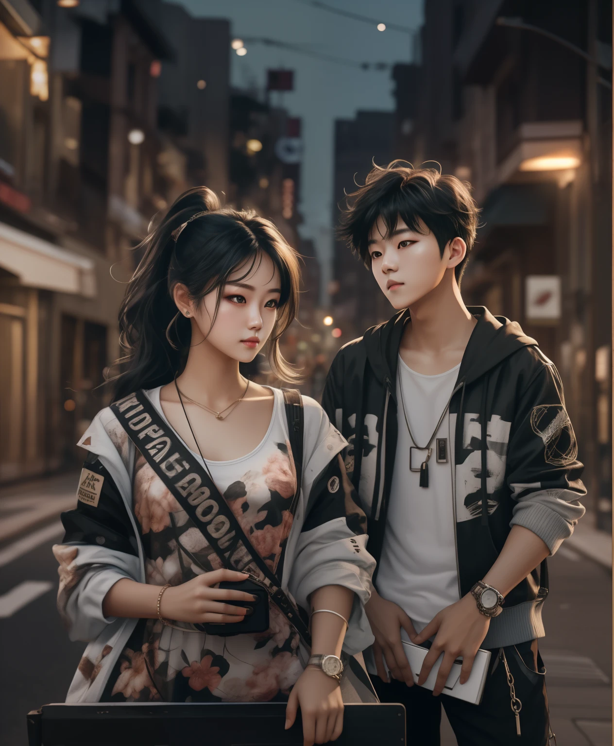 RAW photo, a portrait photo of 21 y.o 1Girl in black ponnytail hair and 1man in casual clothes, night, city street, (high detailed skin:1.2), 8k uhd, dslr, soft lighting, high quality, film grain, Fujifilm XT3