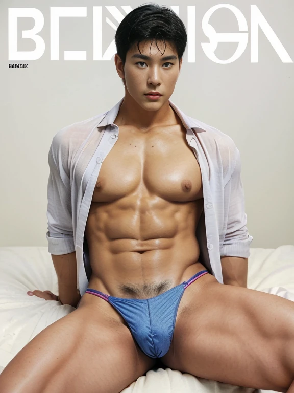VGPMS, male ,  wearing micro string thong ,male focus, open shirt, muscular, open clothes, 1boy, bulge, shirt, nipples, black hair, muscular male, pectorals, navel, sitting, abs, cover, english text, parody, bara, short hair, dark skin, dark-skinned male , epic reality ,  ultra realism , ultra photorealism , handsome korean boy ,  bondage theme magazine 