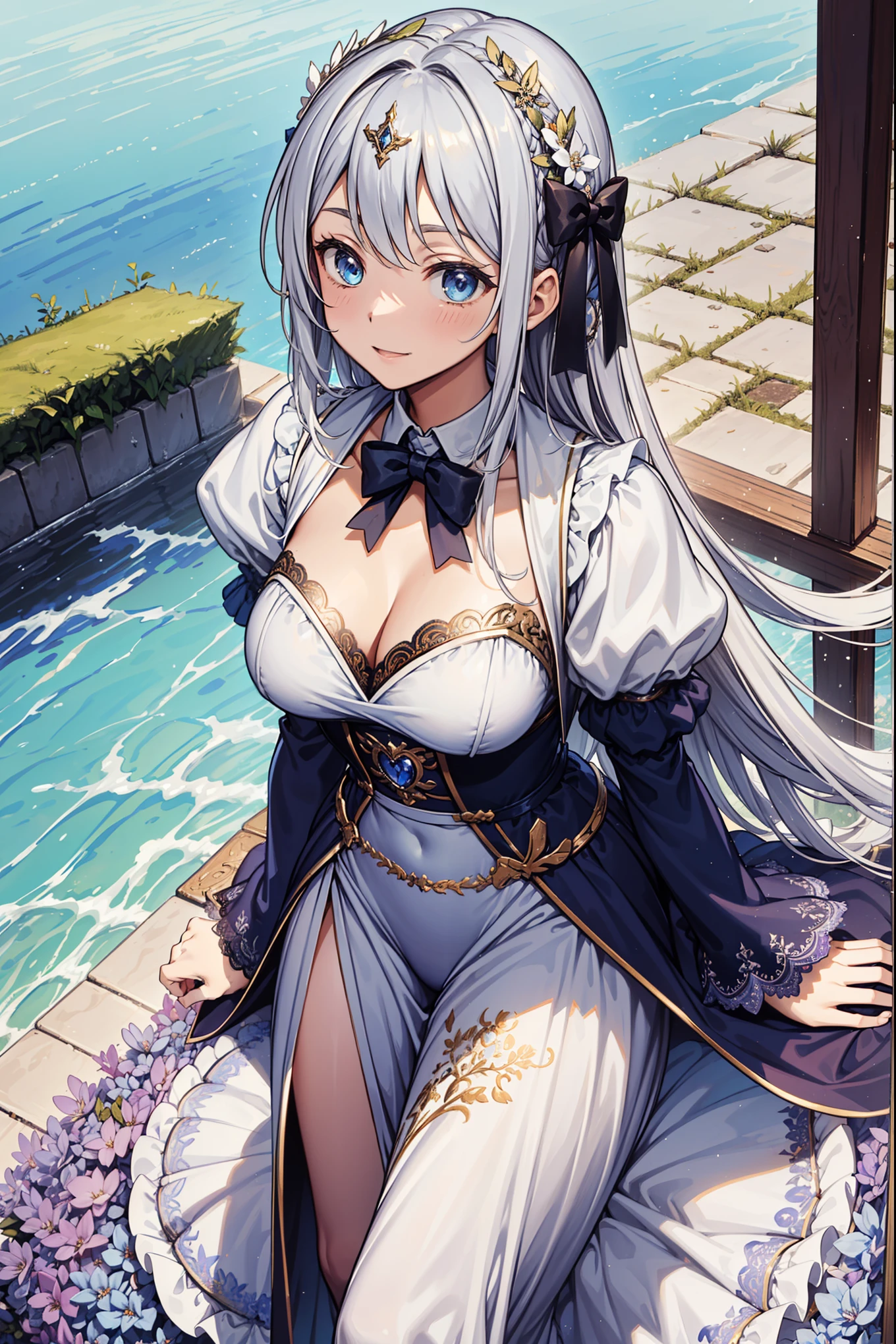 saints,magic,having fun,in love,(Western style magic white dress),Silver Hair,blue eyes,Seductive pose,Beautifully dressed,Transparent Clothes,Lilac texture,Sky blue texture,y sleeves,Ruffles,Lace,Floral Decoration,Fabric decoration,Bow,European courtyard,The only person