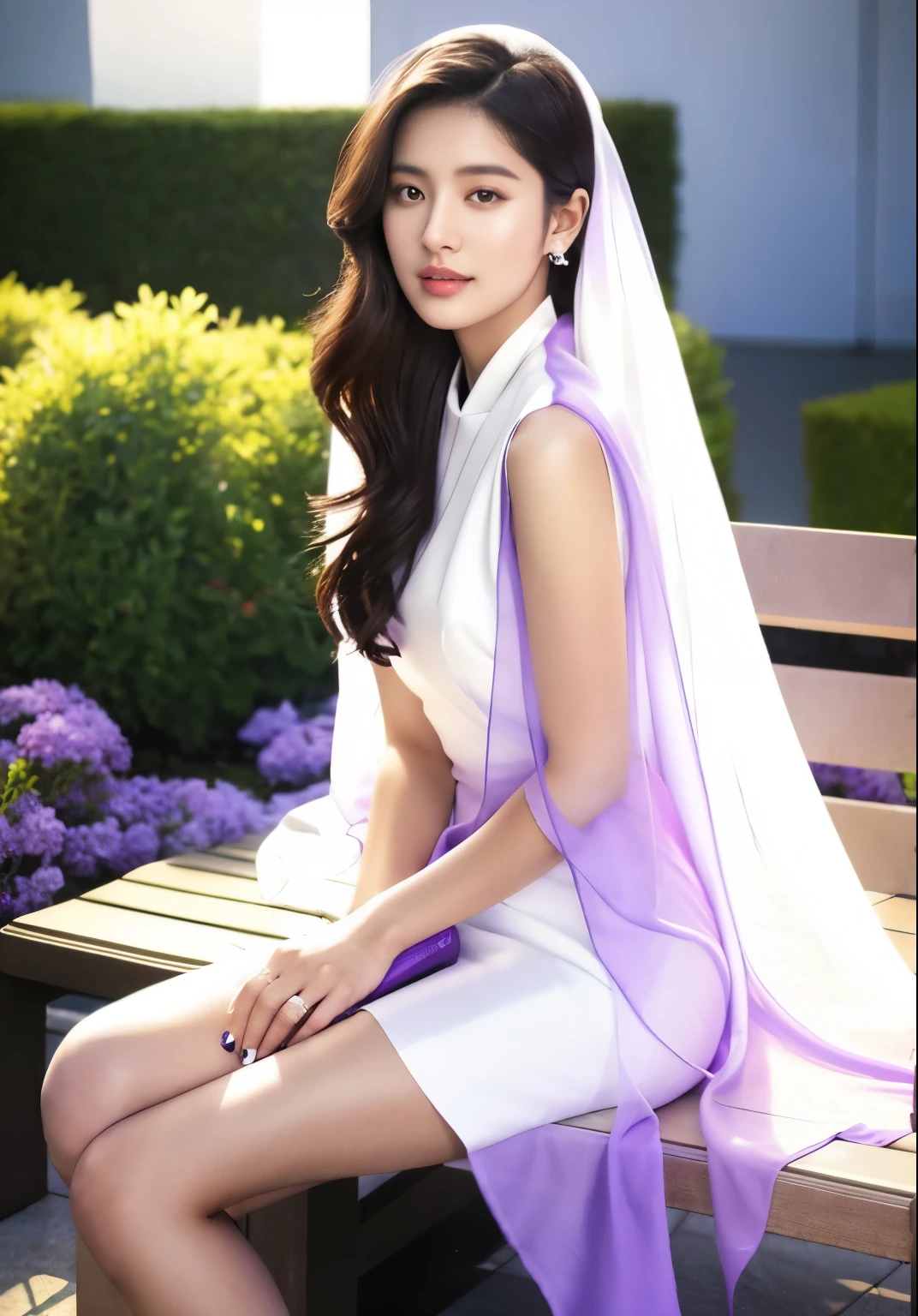 araffe woman in white dress sitting on a bench with a purple shawl, cindy avelino, purple eyes and white dress, gorgeous young korean woman, wearing white camisole, bae suzy, korean women's fashion model, beautiful young korean woman, heonhwa choe, a young asian woman, gemma chen, hwang se - on, wearing translucent sheet