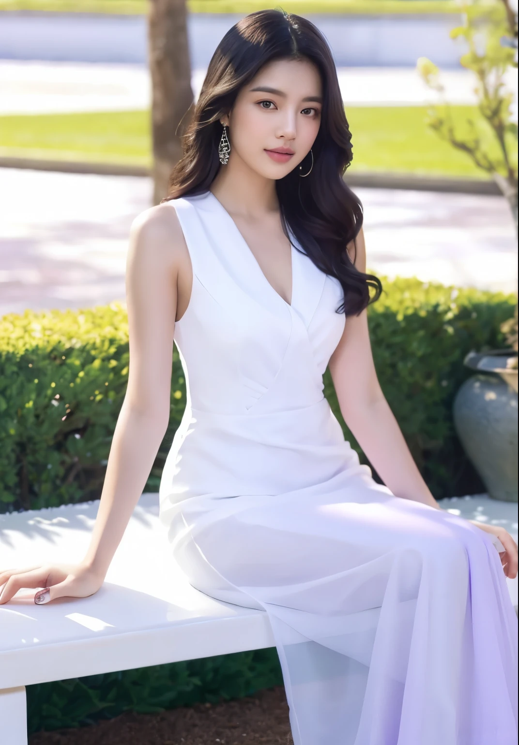 araffe woman in white dress sitting on a bench with a purple shawl, cindy avelino, purple eyes and white dress, gorgeous young korean woman, wearing white camisole, bae suzy, korean women's fashion model, beautiful young korean woman, heonhwa choe, a young asian woman, gemma chen, hwang se - on, wearing translucent sheet