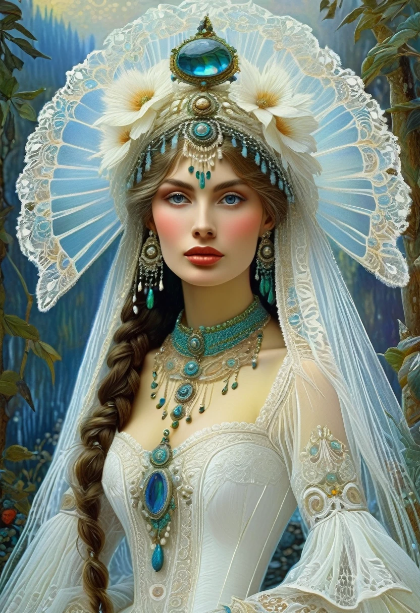 white tulle lace, an extremely delicate and beautiful ((Ivan-Bilibin style!)), ((perfect full body detail)), magic naive art, primitivism, protogen,
, ((best quality, Masterpiece)), ((Highest detail Konstantin Makovsky)), RAW:1,1, 8k