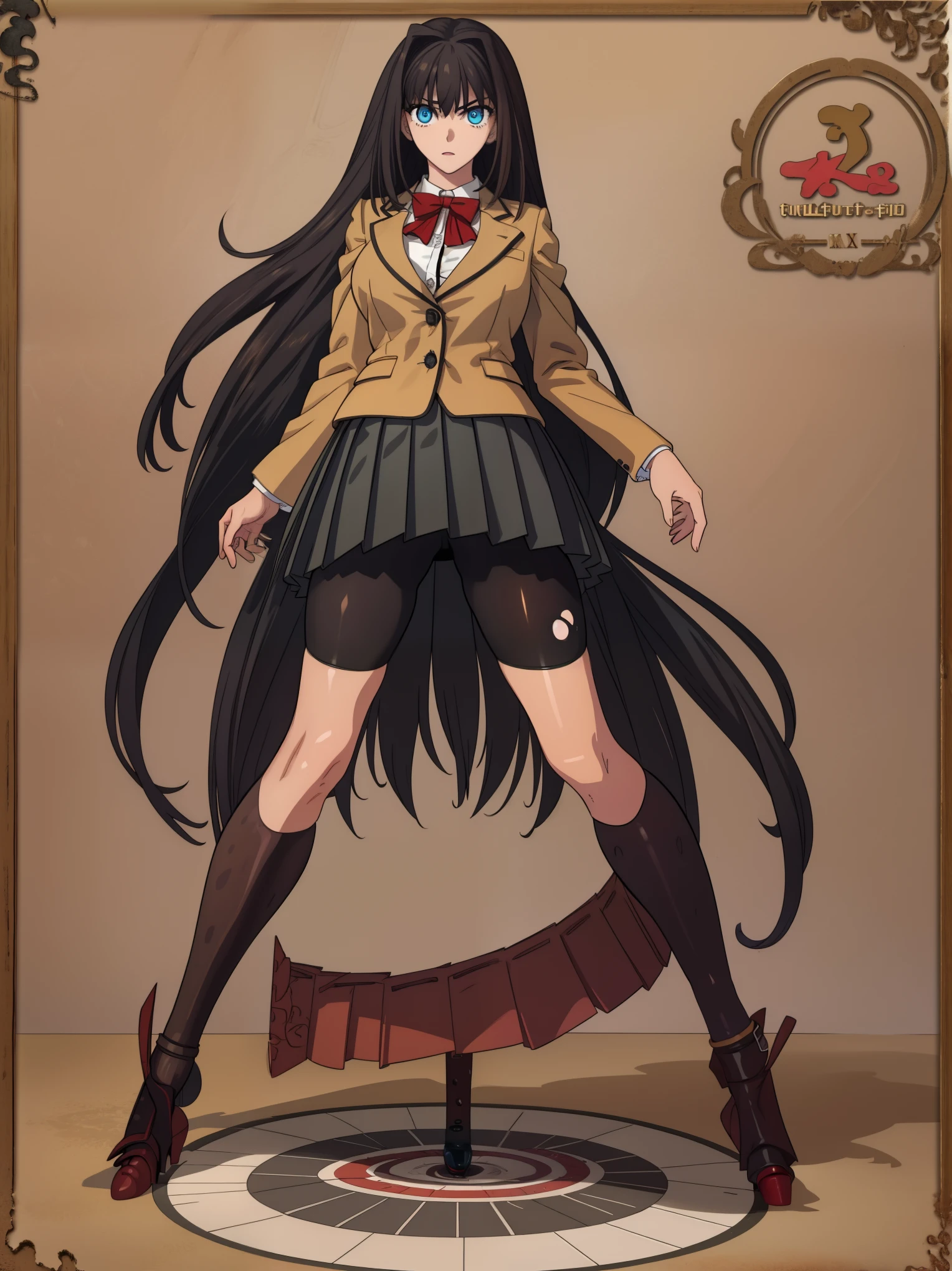 BREAK, blank background, white background, (EMPTY BACKGROUND), BREAK (masterpiece:1.2), best quality, high resolution, unity, 8k,, (illustration:1), (beautiful detailed eyes:1.6), extremely detailed face, extremely detailed CG, (perfect hands, perfect anatomy), (1girl:1), (solo:1.5), bbaoko, (((2 legs max:1.6))), (((2 feet max:1.6))), ((swirling longest hair:1.7)), (brown longest hair with slightly reddish undertone:1.6), (lush luscious longest hair:1.6), (very long voluminous longest hair:1.5), serious, blue eyes, red bowtie, (Form-fitting beige blazer:1.5), brown jacket, (highly detailed beautiful face:1.2), (white shirt:1), (well shaped large breasts:1.6), (nice hips:1), (((Umber pleated thigh-high skirt:1.6))), (((black bike shorts:1.5))), (nice thighs:1.5), (symmetrical thigh-high black stockings:1.6), (brown maryjanes), (facing front:1.5), ((standing straight:1.5)), ((Fullbody in frame including full shoes:1.6)), ((Full body:1.5))
