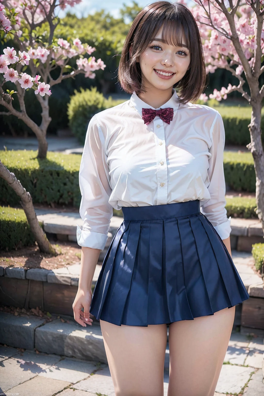 (highest quality、Tabletop、8k、Best image quality、Award-winning works)、1. High girl、16 yeapeople:1.1)、Perfect beautiful composition、(Small breasts:1.2)、(Accentuate your body lines:1.1)、Voluptuous body、(Navy Pleated Skirt:1.2)、(Standing in the park:1.1)、(Thick legs:1.2)、(The biggest smile is looking at me:1.1)、(Smiling with perfect beautiful teeth:1.1)、(Beautiful park background with strong blur:1.1)、The most natural and perfect beauty park、Perfectly maintained park、Standing Elegantly、Natural Makeup、(美しいThick legs:1.2)、Ultra-high definition beauty face、Ultra HD Hair、Ultra HD Shining Eyes、(Ultra-high resolution glossy skin:1.1)、Super high quality glossy lip、(Accurate anatomy:1.1)、(very bright and vivid:1.1)、Cherry tree in the distance、(She lifts her skirt to show her panties:1.5)、(Perfect and beautiful lace panties:1.2)