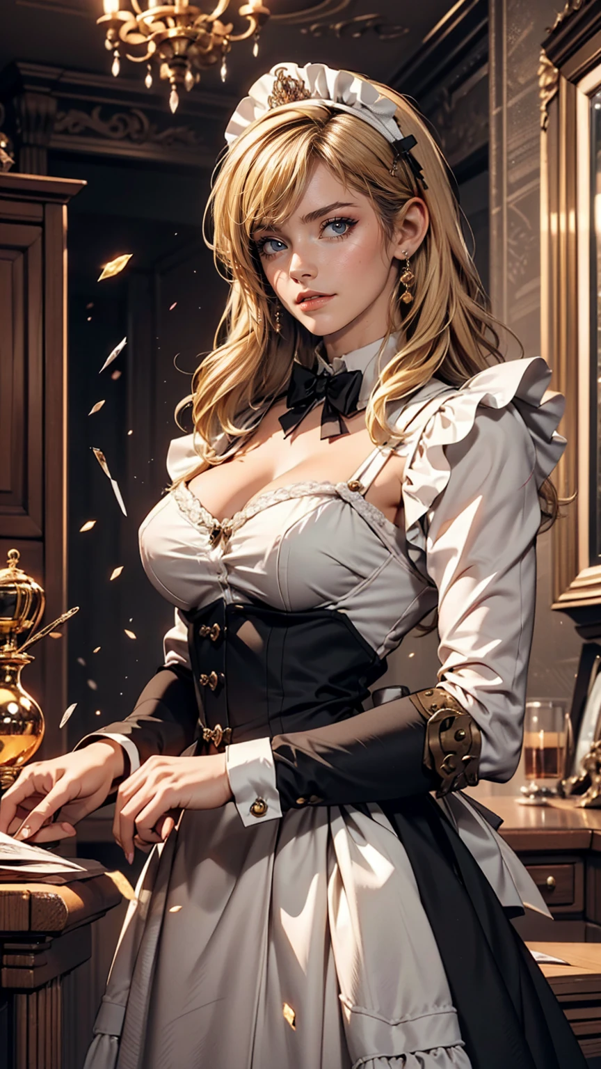 masterpiece, highest quality, Very detailed, High resolution, High resolution,, Chobitsu, What is, Emotionless,, One girl, alone, bangs, Exposing shoulders, chest, Brown eyes, Clamp (Circle) (style), Platinum Blonde Hair, Very long hair, Robot ears, , Hair Tube,, Maid, Maid headdress, Maid apron, victorian Maid, Maid dress,, mksks style, Beautiful background, Detailed Background, professional lightning, Mansion, indoor, Money ornament, Money, Money effects,