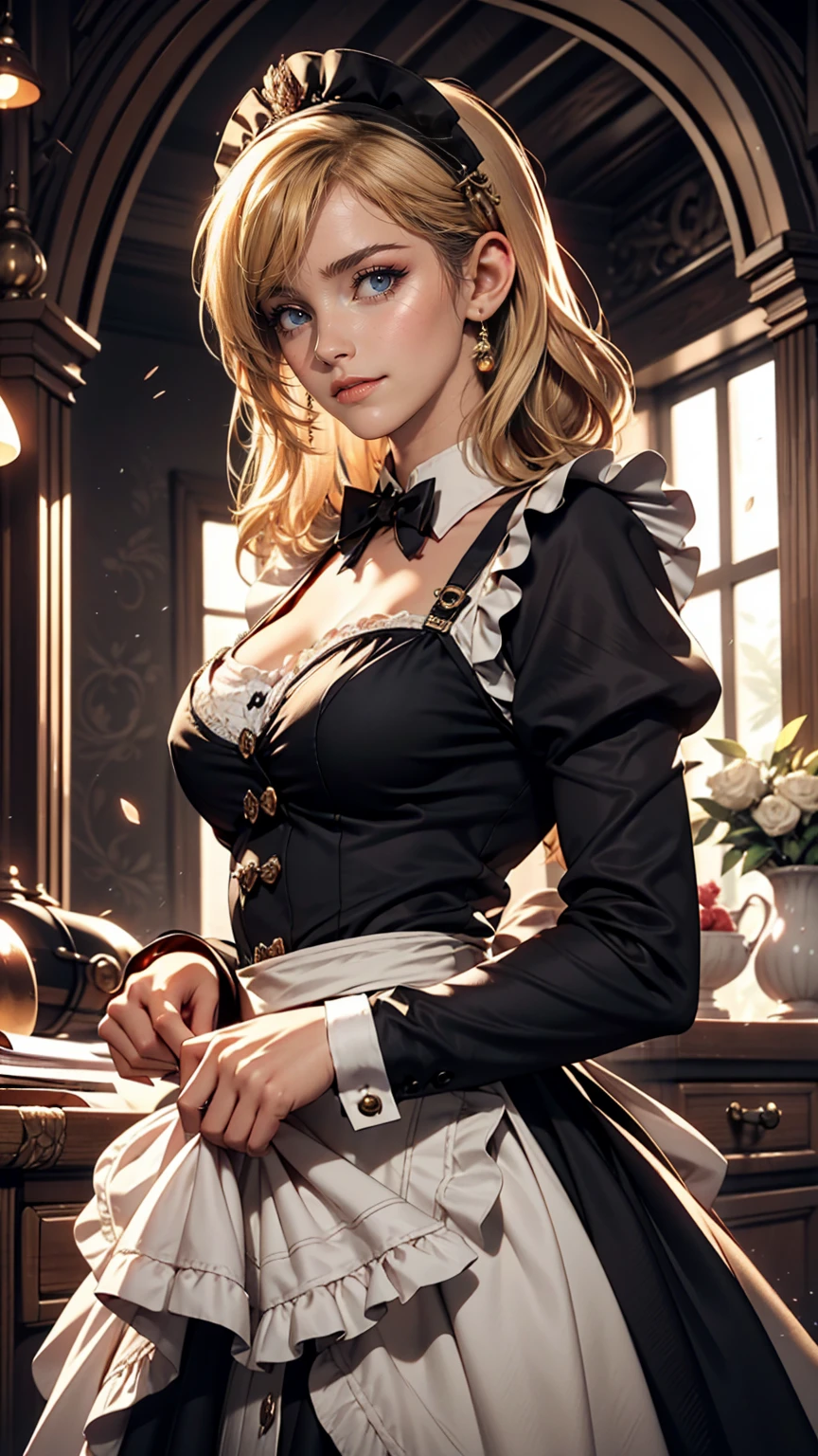 masterpiece, highest quality, Very detailed, High resolution, High resolution,, Chobitsu, What is, Emotionless,, One girl, alone, bangs, Exposing shoulders, chest, Brown eyes, Clamp (Circle) (style), Platinum Blonde Hair, Very long hair, Robot ears, , Hair Tube,, Maid, Maid headdress, Maid apron, victorian Maid, Maid dress,, mksks style, Beautiful background, Detailed Background, professional lightning, Mansion, indoor, Money ornament, Money, Money effects,