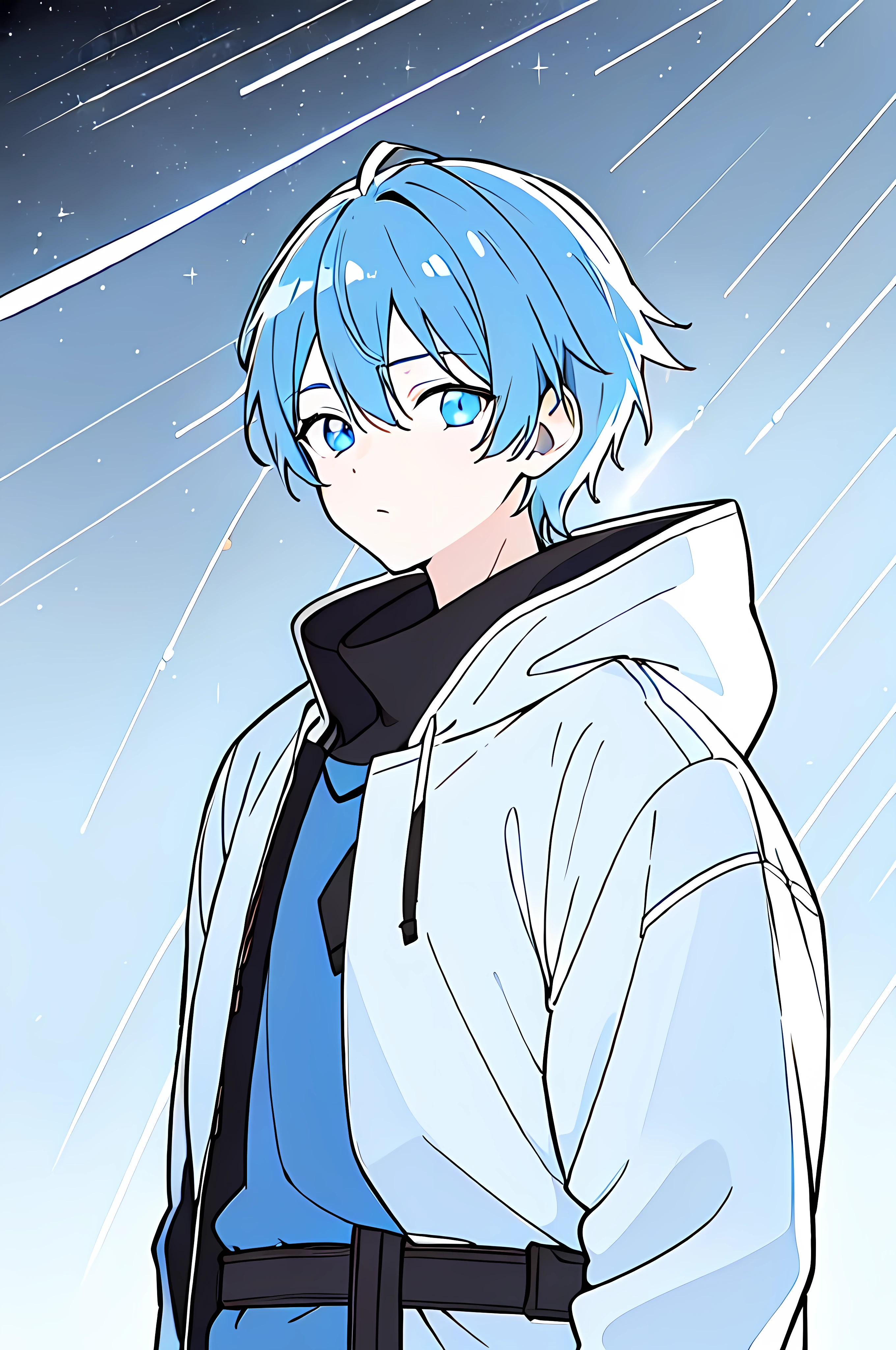 [(SkyBlue BACKGROUND:1.5),::5], ((((masterpiece)))), high quality, very_high_resolution, large_filesize, full color, ((younger boy)), , ((men's short Blue hair)), vivid color, ((lightBlue eye)), Parka, (upper body), ((anime style)), ((Meteor shower))