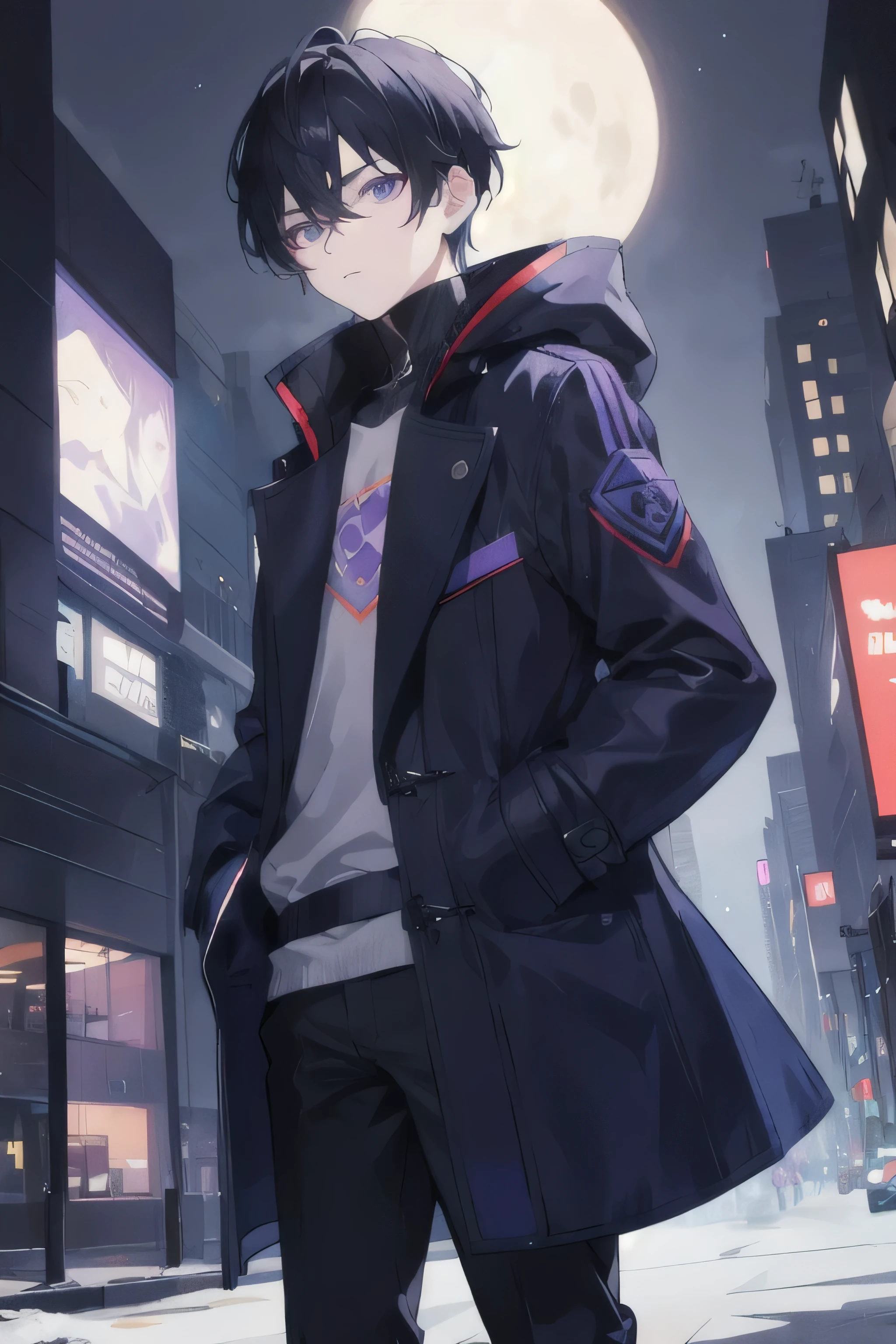 1boy,night city,coat,hands in pockets,black hair mix blue, purple eye