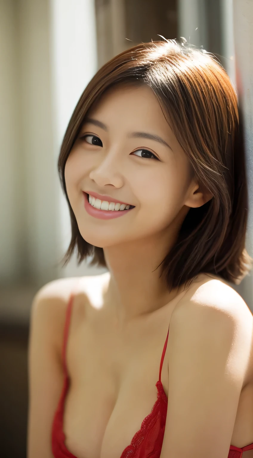 masterpiece,best quality,(Japanese ),((Beautiful girl)),cleavage,indoor,(perfect body beauty:1.2),(shy smile),beautiful teeth,