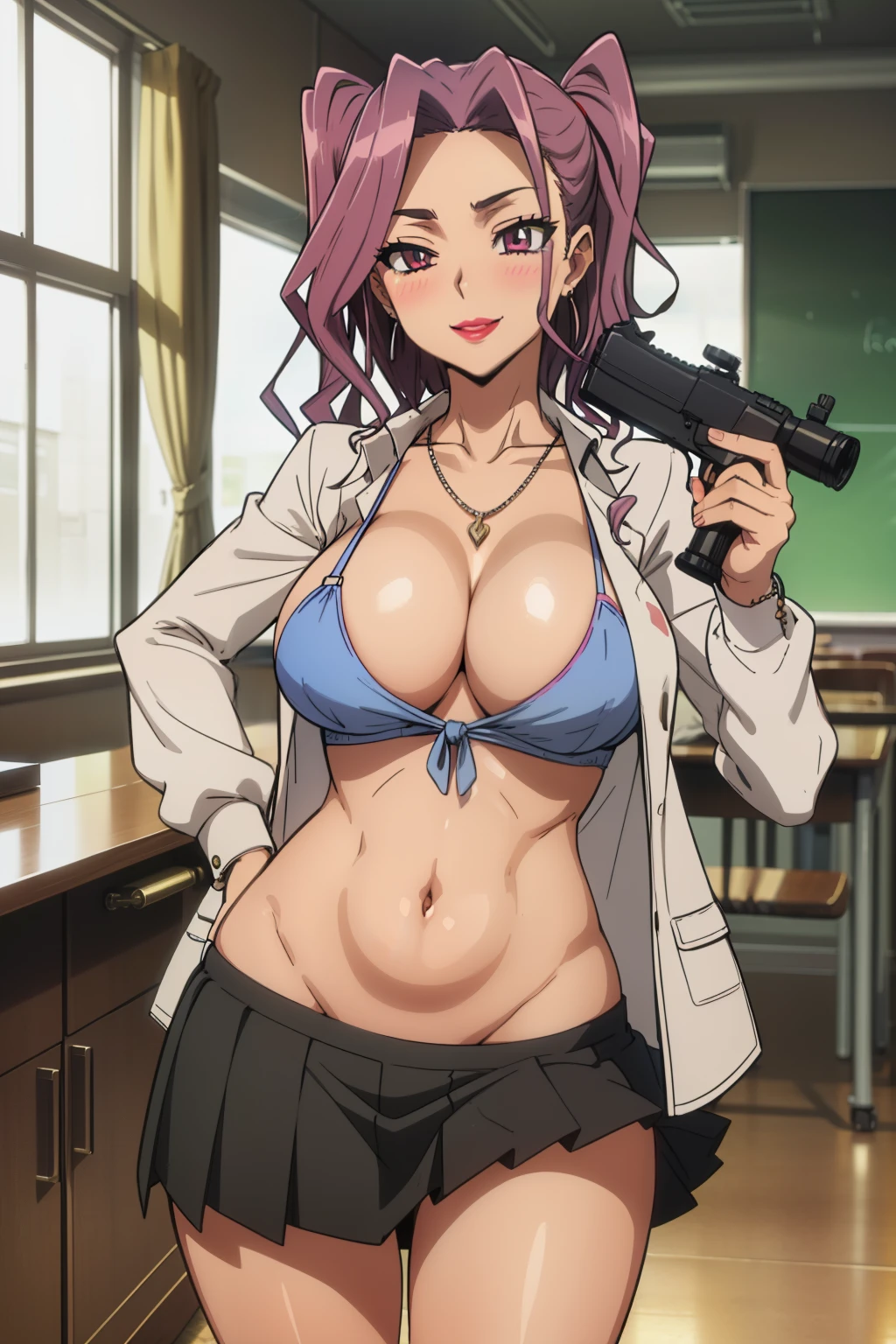 minami rika, blush, lipstick, big breasts, masterpiece, best quality, ((unbuttoned , cleavage, necklace, earrings, sexy body,
breasts)) , micro skirt, smiling, navel , exposed belly, exposed navel,knot,school,
classroom , holding a gun, hold a gun,navel piercing