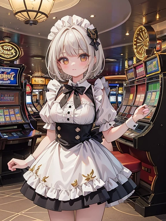 masterpiece, highest quality, Very detailed, 16k, Ultra-high resolution, Cowboy Shot, Detailed face, Perfect Fingers, A 14-year-old girl, Golden Eyes, Silver Hair, short hair, Black maid outfit, casino, In front of the casino slots, Spin the slots