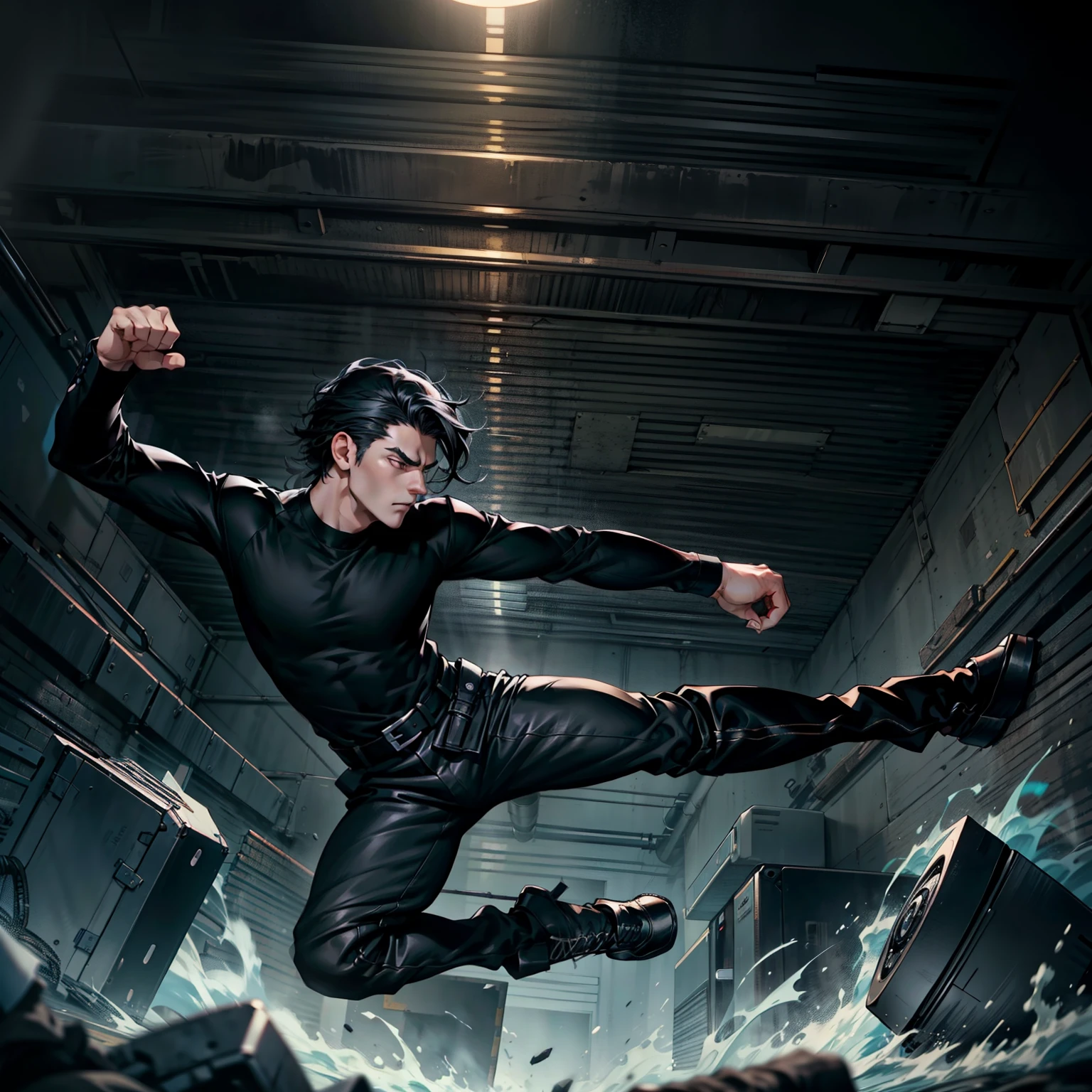 boys 26 Years old, Serious face, black hair, flowing hair, muscular, wearing ((black shirt)), black pants, high cut boots, fighting scenes