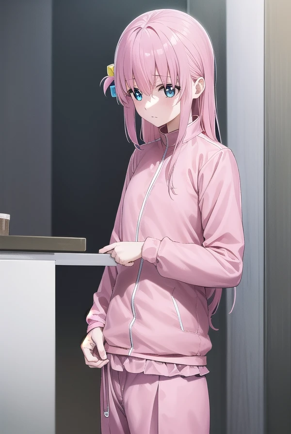 hitorigotou, Hitori Gotou, blue eyes, cube hair ornaments, Hair between the eyes, hair ornaments, Pink Hair, One side up, Long Hair,
break black skirt, Jacket, Long sleeve, pants, pants under skirt, (pink Jacket:1.5), pink pants, pleated skirt, skirt, track Jacket, track pants, Tracksuits,
break indoors, classroom,
break looking at viewer, (Cowboy Shot:1.5),
break (masterpiece:1.2), highest quality, High resolution, unity 8k wallpaper, (figure:0.8), (Beautiful fine details:1.6), Highly detailed face, Perfect lighting, Highly detailed CG, (Perfect hands, Perfect Anatomy),