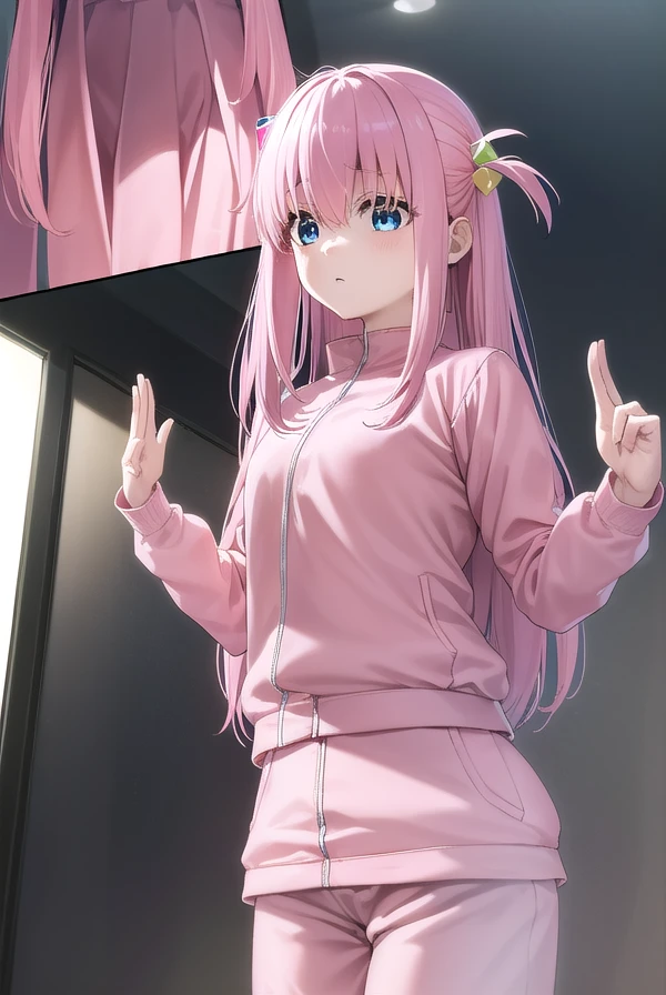 hitorigotou, Hitori Gotou, blue eyes, cube hair ornaments, Hair between the eyes, hair ornaments, Pink Hair, One side up, Long Hair,
break black skirt, Jacket, Long sleeve, pants, pants under skirt, (pink Jacket:1.5), pink pants, pleated skirt, skirt, track Jacket, track pants, Tracksuits,
break indoors, classroom,
break looking at viewer, (Cowboy Shot:1.5),
break (masterpiece:1.2), highest quality, High resolution, unity 8k wallpaper, (figure:0.8), (Beautiful fine details:1.6), Highly detailed face, Perfect lighting, Highly detailed CG, (Perfect hands, Perfect Anatomy),