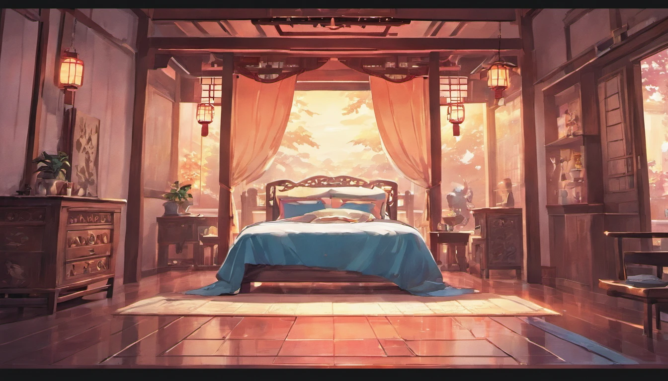 Top quality illustration landscape no people chinese style room purple delicate bed sofa
