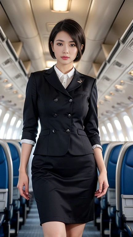 1beautiful womanl, 28years、hyperdetailed face、Detailed lips、A detailed eye、double eyelid、(Black bob shortcut hair , while walking gracefully down the aisle)、(Stewardess uniform:1.2)、(Glamorous body)、(Colossal tits)、thighs thighs thighs thighs, Perfect fit, Perfect image realism, Background with: (Business Class aisle on airplanes:1.2), Cowboy Shot, Meticulous background, detailed costume, Perfect litthing、Hyper-Realism、(Photorealsitic:1.4)、8K maximum resolution, (masterpiece), ighly detailed, Professional