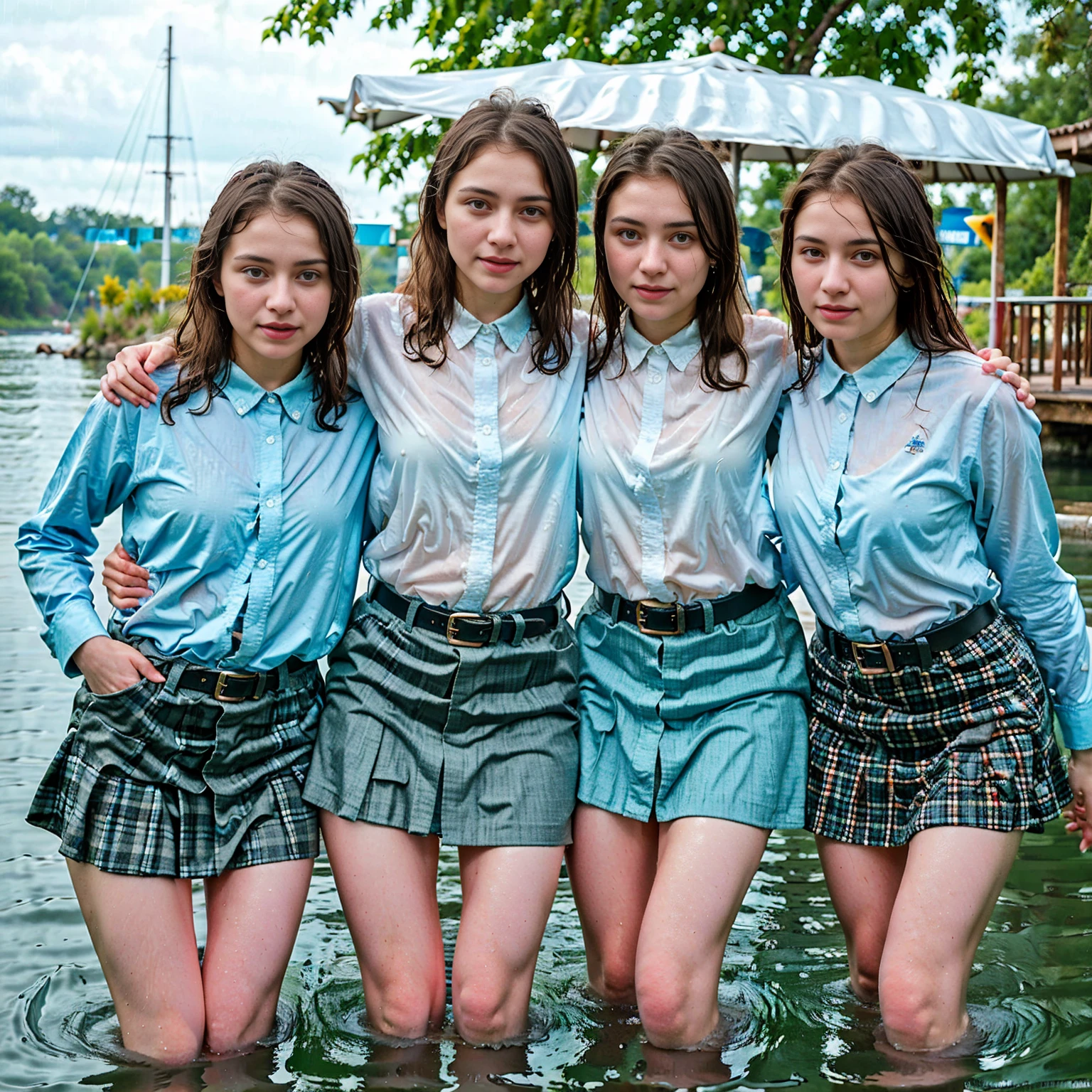 3 women swimming in the river, rain, wet hair, flirting with each other, cheerful, wet collared shirt, skirt, belt soakingwetclothes, partially submerged, photographed on a Fujifilm XT3, 80mm F/1.7 prime lens, cinematic film still, cinestill 500T, highly detailed, masterpiece, highest quality, intricately detailed, HDR, 8k, uhd, photorealistic