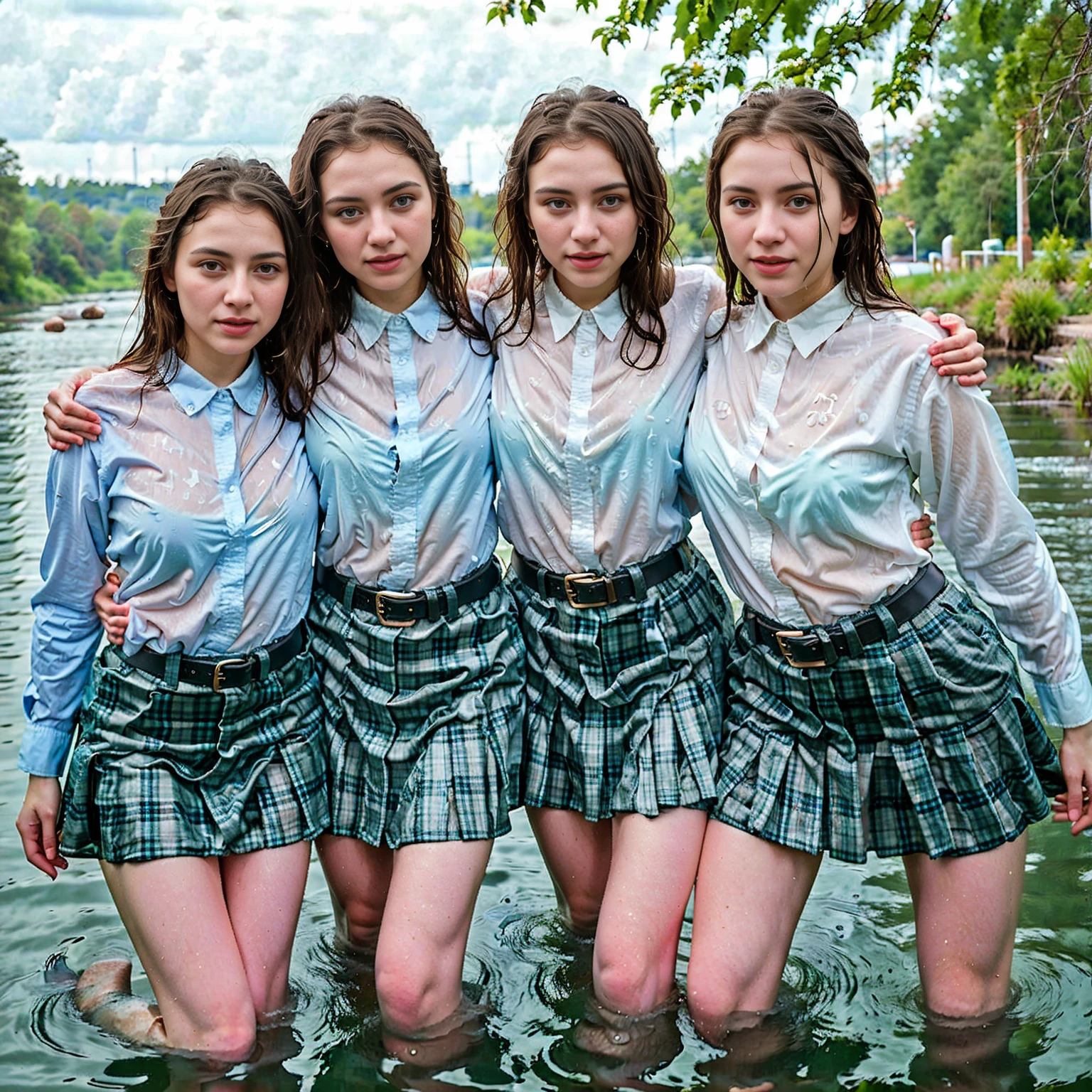 3 women swimming in the river, rain, wet hair, flirting with each other, cheerful, wet collared shirt, skirt, belt soakingwetclothes, partially submerged, photographed on a Fujifilm XT3, 80mm F/1.7 prime lens, cinematic film still, cinestill 500T, highly detailed, masterpiece, highest quality, intricately detailed, HDR, 8k, uhd, photorealistic