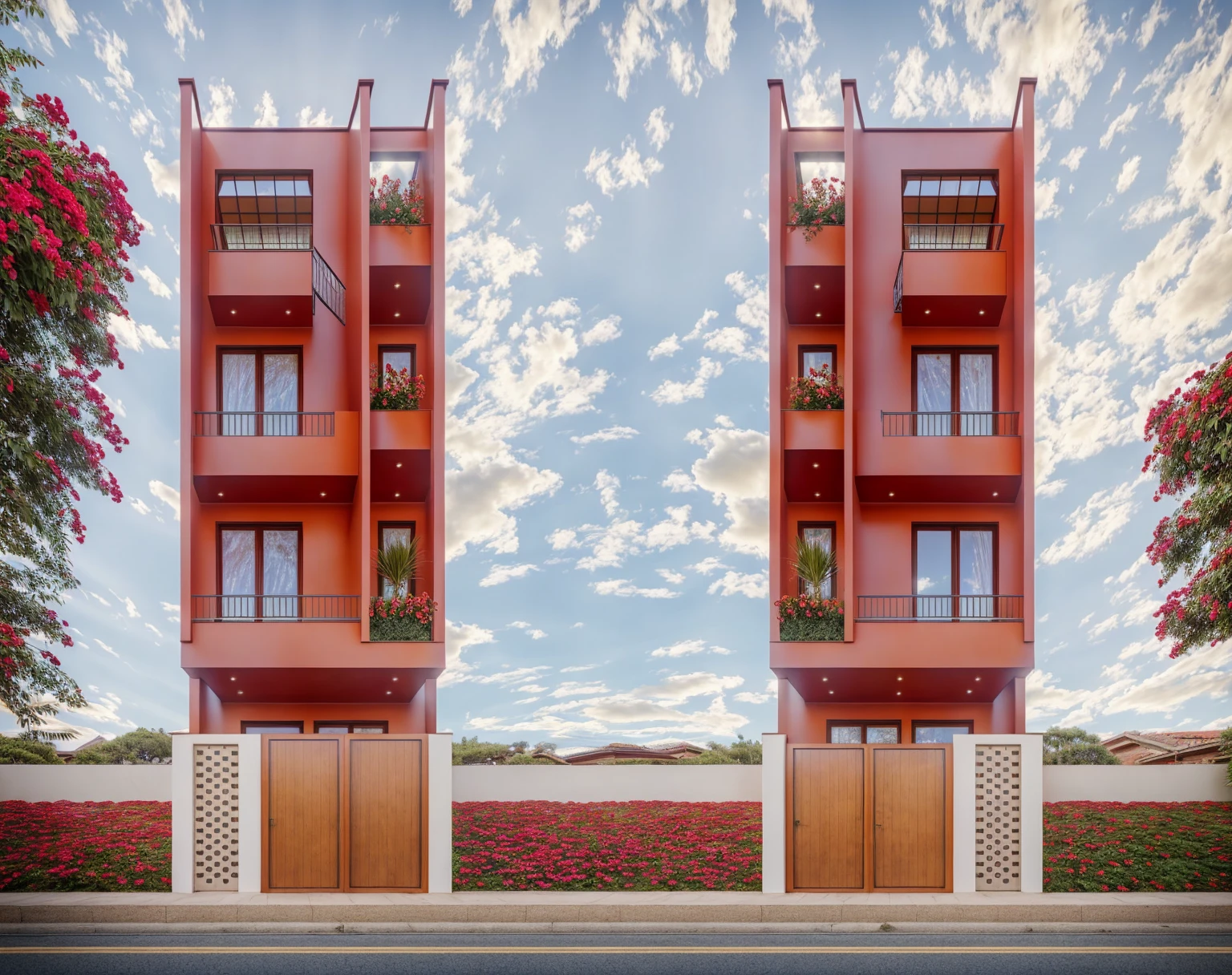 PLATFORM KTHOUSE, Many beautiful red flowers along the road:1.3, romantic, 1MORDEN house, beautyful light, beautyfulday, sunny, Many red bougainvilleas along the road:1.3, lovely youthful feeling :1.2, sunlight at 12 noon:1.3, Very beautiful shadows, 