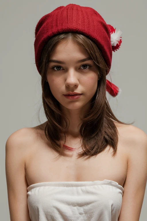 Create a girl wearing a red hat with a white feather