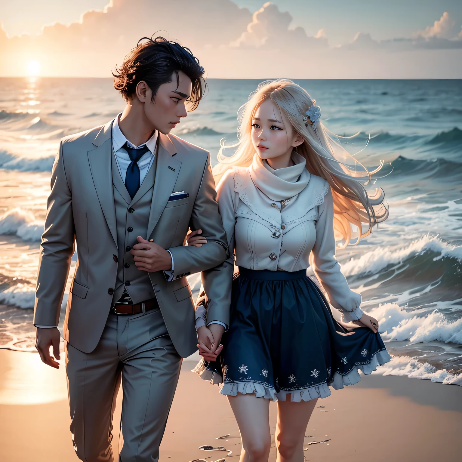 The sea breeze ruffled her hair，We stroll，Time freezes，The sea does not change each other's commitments，Towards the romantic eternity of the wasteland。