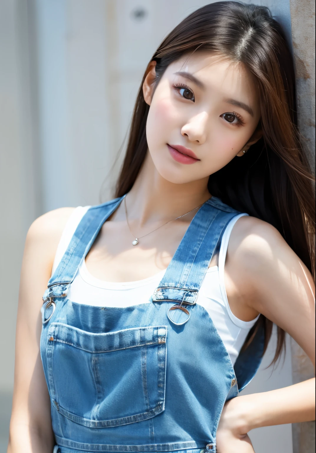 a close up of a woman in a short denim overalls posing for a picture, beautiful south korean woman, gorgeous young korean woman, photo of slim girl model, trending at cgstation, beautiful young korean woman, cute girl wearing tank suit, korean girl, wearing overalls, 2 4 year old female model, korean women's fashion model, ruan jia beautiful!