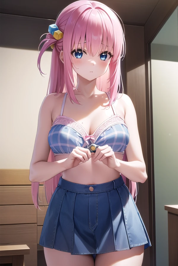 hitorigotou, Hitori Gotou, blue eyes, cube hair ornaments, Hair between the eyes, hair ornaments, Pink Hair, One side up, Long Hair,
Cute Bra、Cute Panties、
break indoors, classroom,
break looking at viewer, (Cowboy Shot:1.5),
break (masterpiece:1.2), highest quality, High resolution, unity 8k wallpaper, (figure:0.8), (Beautiful fine details:1.6), Highly detailed face, Perfect lighting, Highly detailed CG, (Perfect hands, Perfect Anatomy),