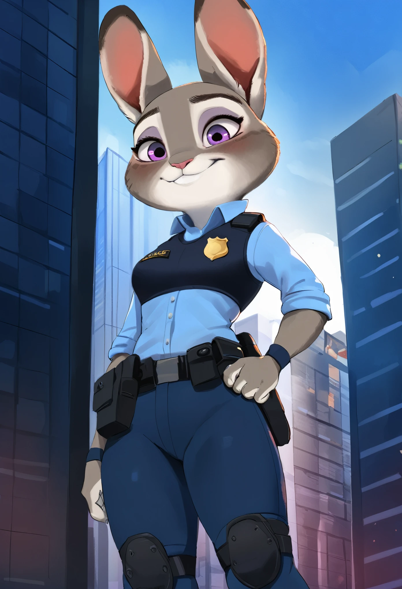 score_9, score_8_up, score_7, score_6_up,  rating_safe, best quality, masterpiece, solo, 1girl, JudyHopps, police uniform,City, modern city, kid judy