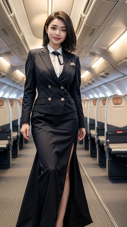 1beautiful womanl, 28years、hyperdetailed face、Detailed lips、A detailed eye、double eyelid、(Black bob hair、Smiling while walking gracefully down the aisle)、(Stewardess uniform:1.2)、(Glamorous body)、(Colossal tits)、thighs thighs thighs thighs, Perfect fit, Perfect image realism, Background with: (Business Class aisle on airplanes:1.2), Cowboy Shot, Meticulous background, detailed costume, Perfect litthing、Hyper-Realism、(Photorealsitic:1.4)、8K maximum resolution, (​masterpiece), ighly detailed, Professional