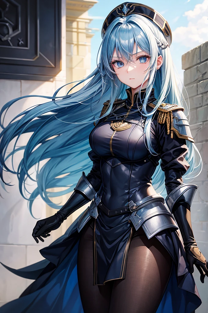 Chtholly had long sky-blue hair and blue eyes. In battle, she wears a black/navy blue Guardian Wings military uniform, as well as steel armor.