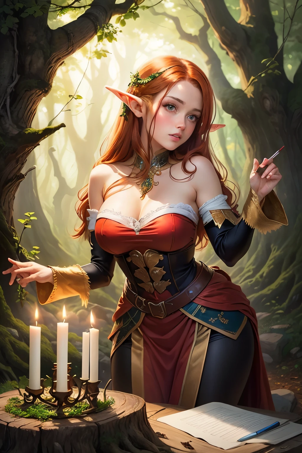 female redhead elf wearing a bavarian dirndl with beautiful elf ears, (tarot card:1.4), huge breasts, showing cleavage, (insanely detailed:1.5), extremely detailed face and eyes, (black eyeliner:1.4), full body photograph, from behind, (plumb ass:1.4), (thick thighs:1.4), highly detailed skin