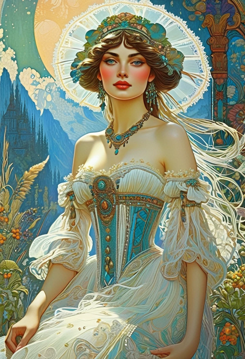 white tulle lace,intricate lace, calico, plaid, aesthetics and beautiful ((Ivan-Bilibin style!)), ((perfect full detail)), magic naive art, primitivism, protogen,
, ((best quality, Masterpiece)), ((Highest detail Konstantin Makovsky, Alphons Mucha)), RAW:1,1, 8k